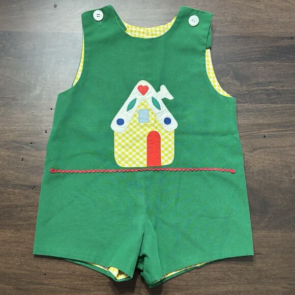Vtg 70s Shortalls 6-9 Months Romper Green Yellow Appliqué USA Handmade Buttons - Picture 1 of 8